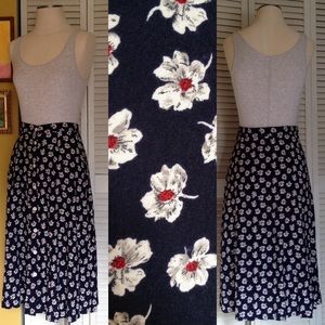 Vintage Navy Button Up Flower Midi Skirt